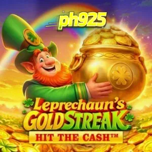 Isang masayang leprechaun sa tabi ng mga gintong barya sa Leprechaun’s Gold Streak Hit The Cash slot.